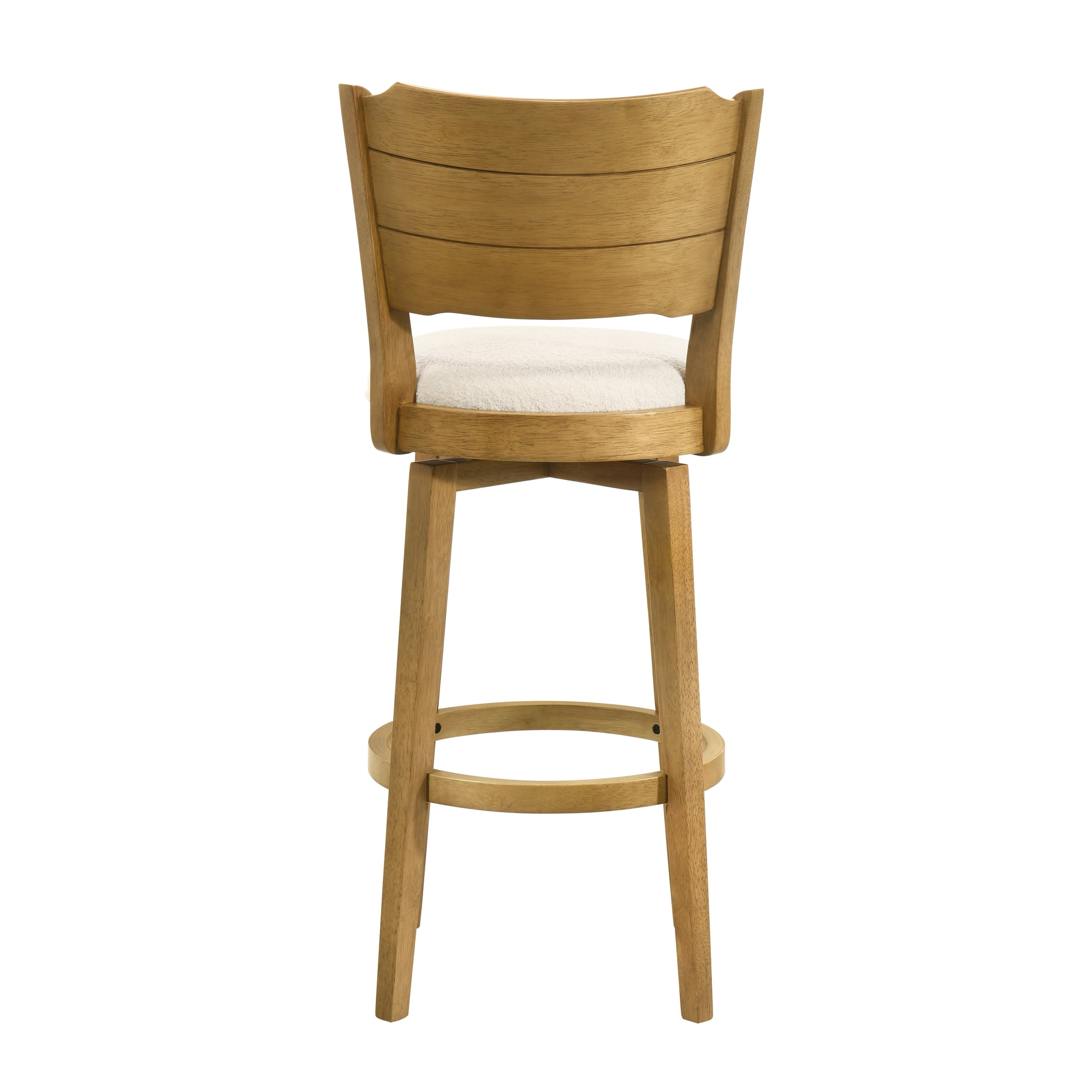 Winsley Coastal Modern Swivel Wood Bar Height Kitchen Bar Stool in Amber Glow Finish with White Boucle Fabric Upholstered Seat - Set of 3