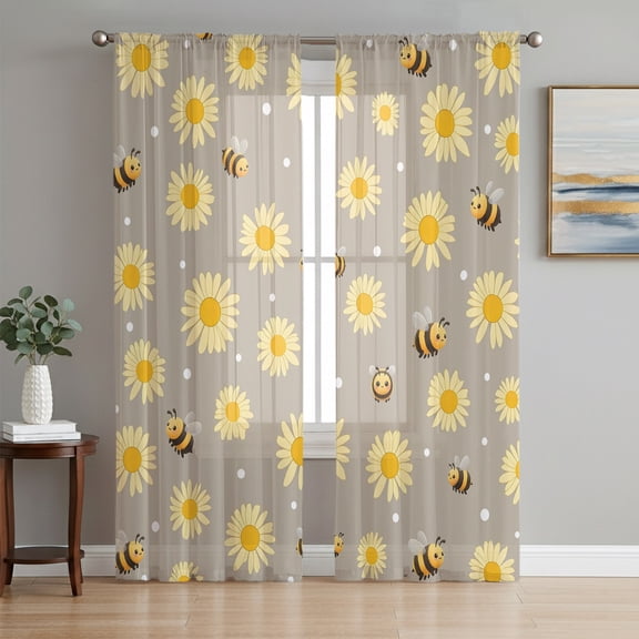 Cute Bees Sunflowers Sheer Curtains 63 Inch Length 2 Panels Set, Yellow Floral Grey Farmhouse Voile Window Treatment Rod Pocket Curtains Sheers Drapes for Bedroom/Living Room/Kitchen 52x"63"x2