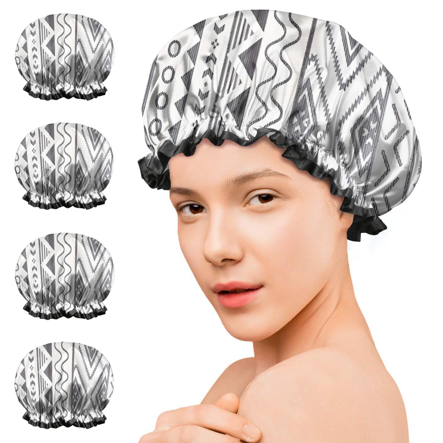 Shower Caps,White Geometric Diamond Wave Pattern Waterproof Shower Cap for Women 4 Pieces,Double Reusable Hair Cover for Shower PEVA Elastic Stretch Hem