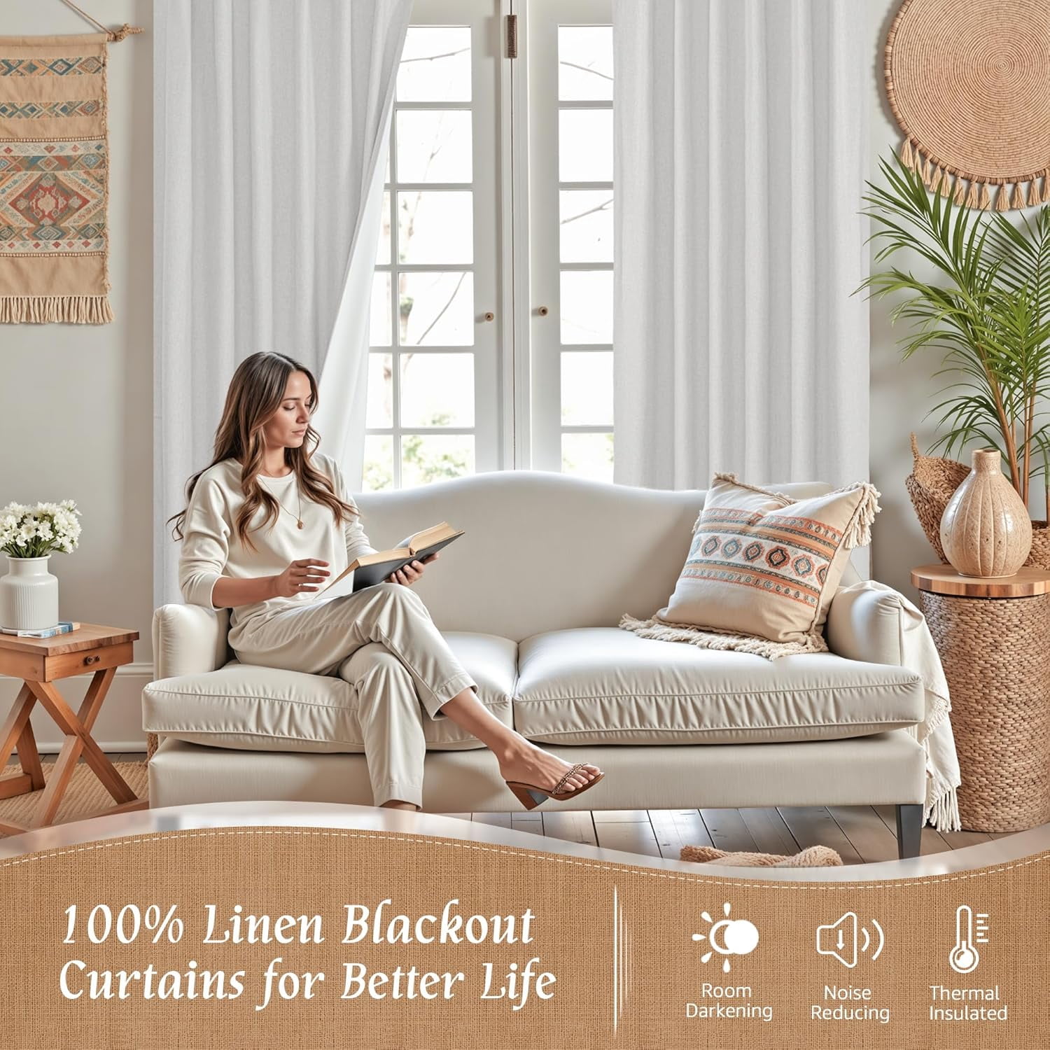 100% Blackout Natural Linen Curtains, 78 Inches Linen Textured Thermal Bedroom Curtains Back Tab and Rod Pocket Neutral Panels with White Liner for Farmhouse, 2 Panels, 52 x 78 Inch, Light Grey