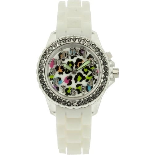 Women's Wristwatch by Accutime Watch Corp with Multi-Color Cheeta Flashing Dial and White Bumpy Rubber Strap - WM41660