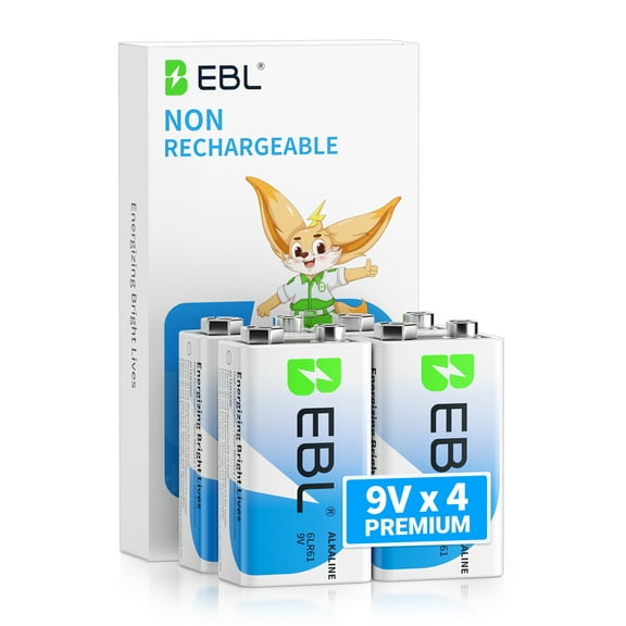 EBL 9V 6LR61 Alkaline Batteries, 9 Volts Batteries for Smoke Alarms, Electronic Toys, 4 Pack