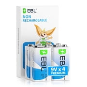 EBL 9V 6LR61 Alkaline Batteries, 9 Volts Batteries for Smoke Alarms, Electronic Toys, 4 Pack