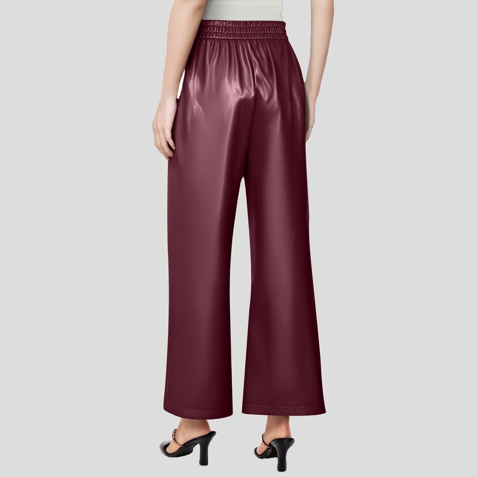 JGGSPWM High-Waist Wide Leg Pants with Belt for Women Sleek Faux Leather Trousers Wine S
