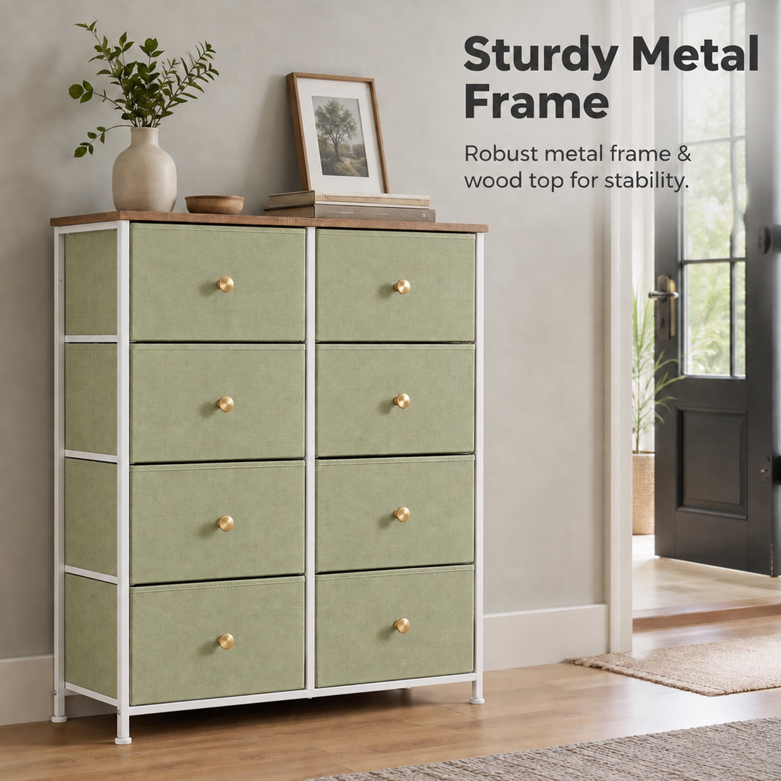 Alvantor 8/9 Drawer Fabric Dresser, Storage Tower for Bedroom and Closet, Chest of Drawers with Sturdy Steel Frame & Wooden Top for Living Room, Entryway