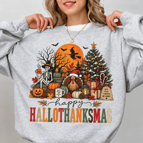 Happy Hallothanksmas Sweatshirt, Halloween Thanksgiving Christmas Vintage Graphic