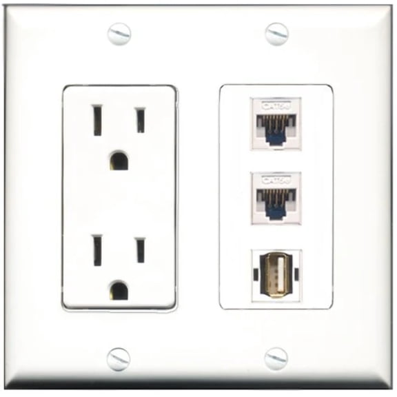 RiteAV - 15 Amp Power Outlet 1 Port USB A-A 2 Port Cat5e Ethernet White Decorative Wall Plate