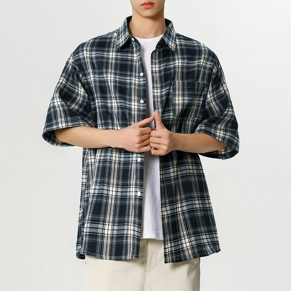 Leesechin Men's Casual Button-Down Flannel Plaid Cotton Shirt Loose Cozy Lapel Short Sleeve Shacket Jacket Overcoat