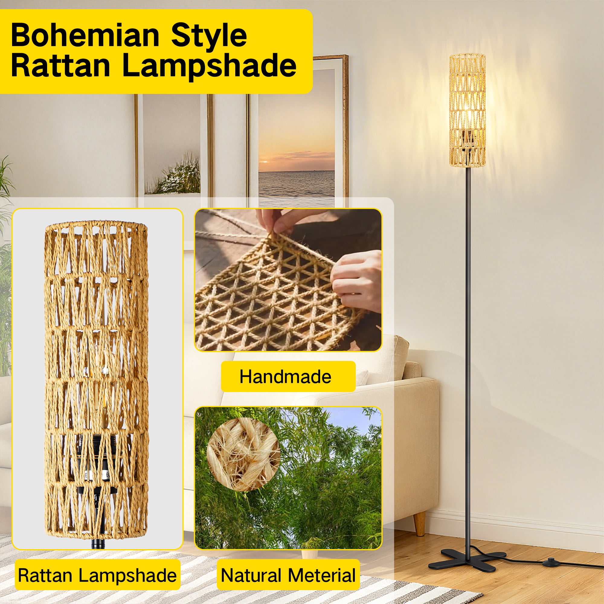 OUTON  Floor Lamps for Living Room Clearance, Dimmable, Minimalist Pole Lighting for Bedroom, Office, Kids Room, Bulb Included,  Rattan