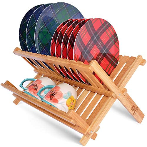 Bamboo 2 Tier Dish Drying Rack - Collapsible Dish Drainer Utensil Rack and Best Dish Holder for Kitchen Countertop by Royal Craft Wood