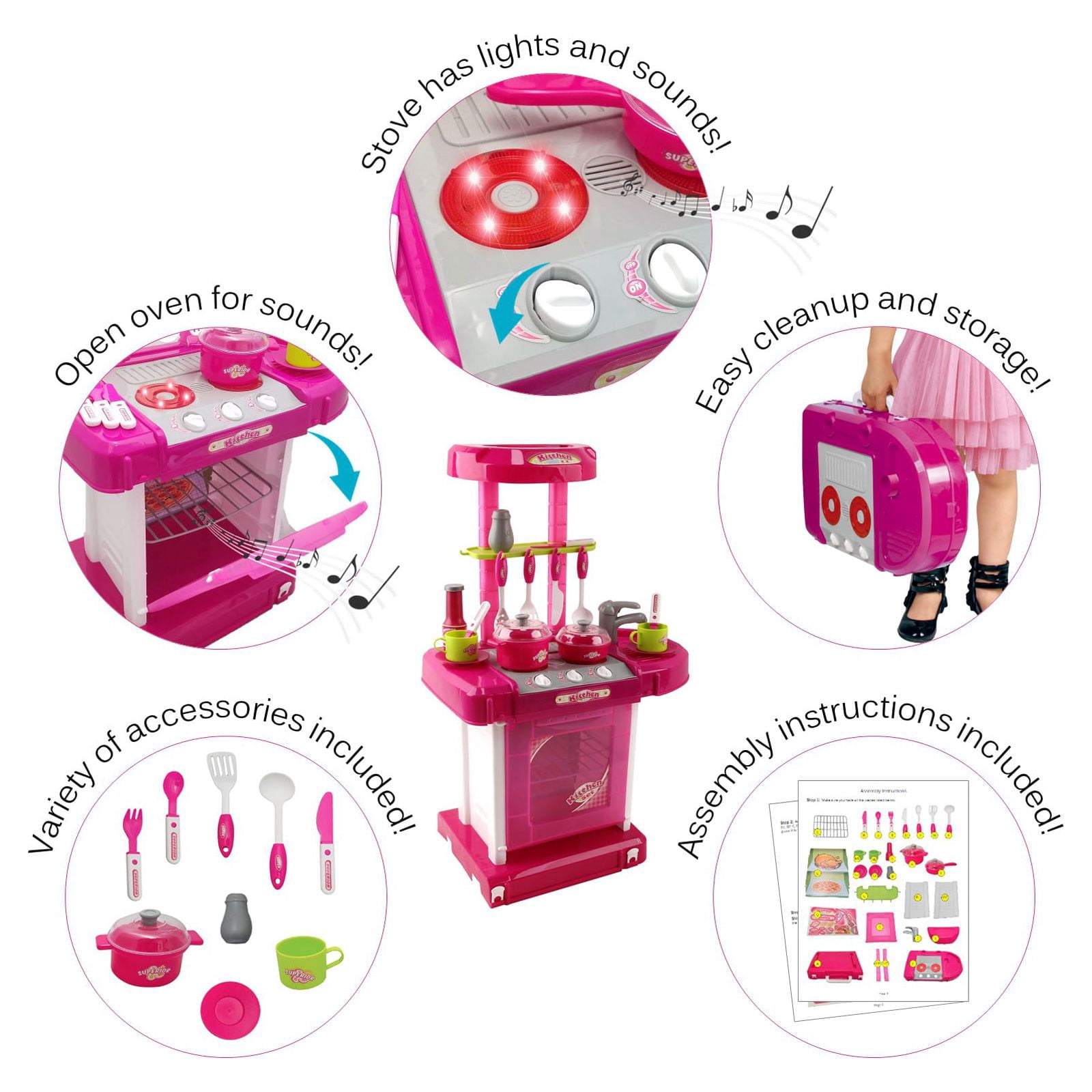Vokodo Deluxe Toy Kitchen Playset 2 Feet Tall With Pots Oven Stove Sink Appliances Lights And Sounds Kids Pretend Play Cook Chef Early Learning Educational Great Gift For Preschool Children Girls Boys