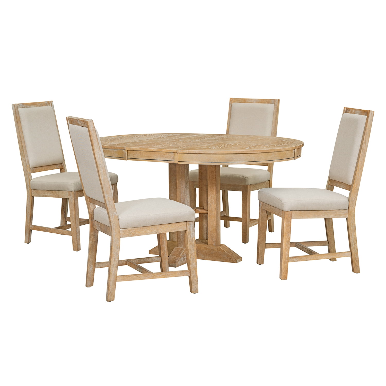 Kadyn 5-Piece Dining Set, Extendable Round Table and 4 Upholstered Chairs, Farmhouse Dining Set for Kitchen, Natural