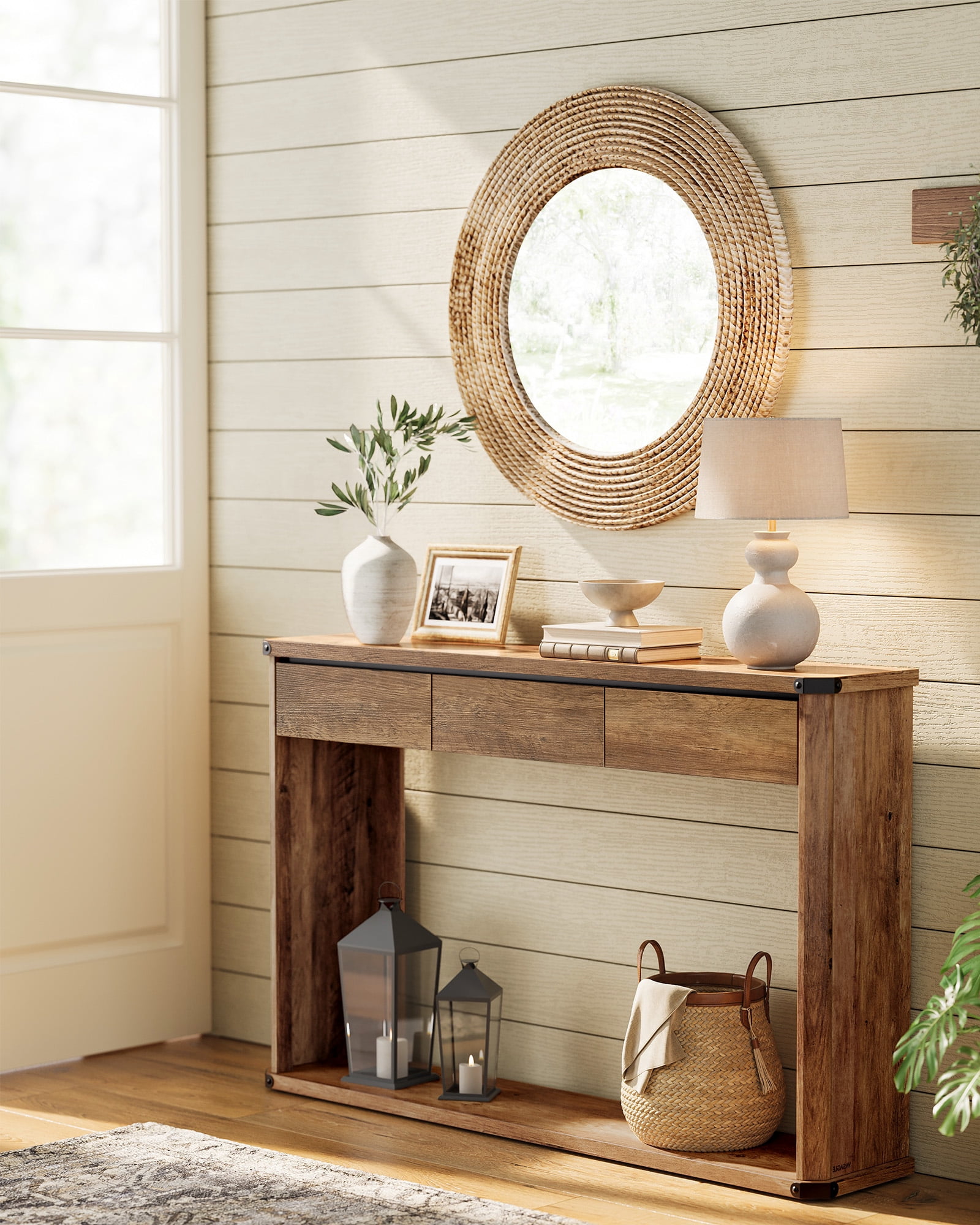 Console Table 47.2 Inches Sofa Table Narrow Entryway Table Entry Table with 3 Drawers Bottom Shelf Metal Corners Honey Brown