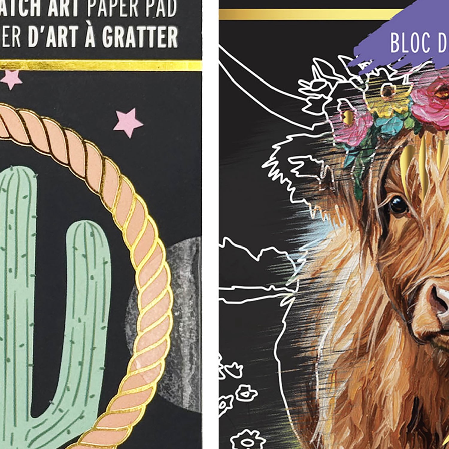 Brea Reese: Scratch Art Paper Pad 2 Pack - Rodeo Love & Highland Cow - 20 Design Assortment, Metallic Accents, Wooden Stylus, 6x8" Pages, Adult Craft