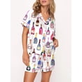 thumbnail image 2 of Argulvti Womens 2 Piece Pajamas Set Polyester Short Sleeve Champagne Print Button Up Shirt + Shorts, 2 of 7