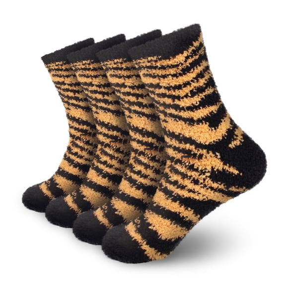 BambooMN Women's Fuzzy Zebra Print Team Spirit Socks - Super Soft Microfiber Game Day Sports Socks - Zebra Black & Yellow - 4 Pairs