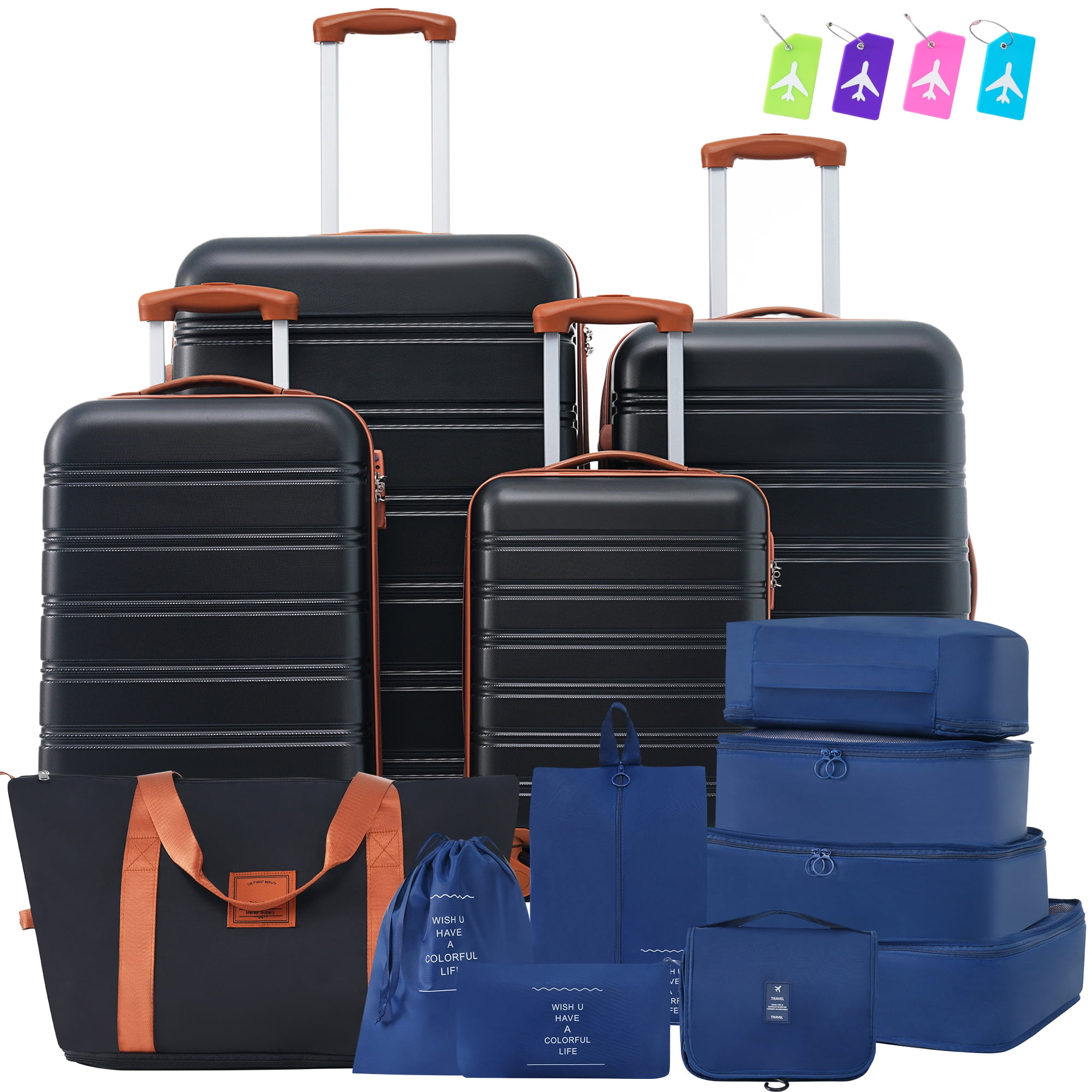 MAYEERTY 13-Piece Luggage Set - Expandable ABS Suitcase with Spinner Wheels & TSA Lock + Travel Bag + 8 Storage Bags, Black