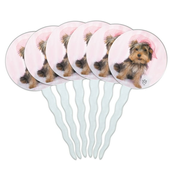Yorkie Yorkshire Terrier Dog Pink Hat Cupcake Picks Toppers Decoration Set of 6