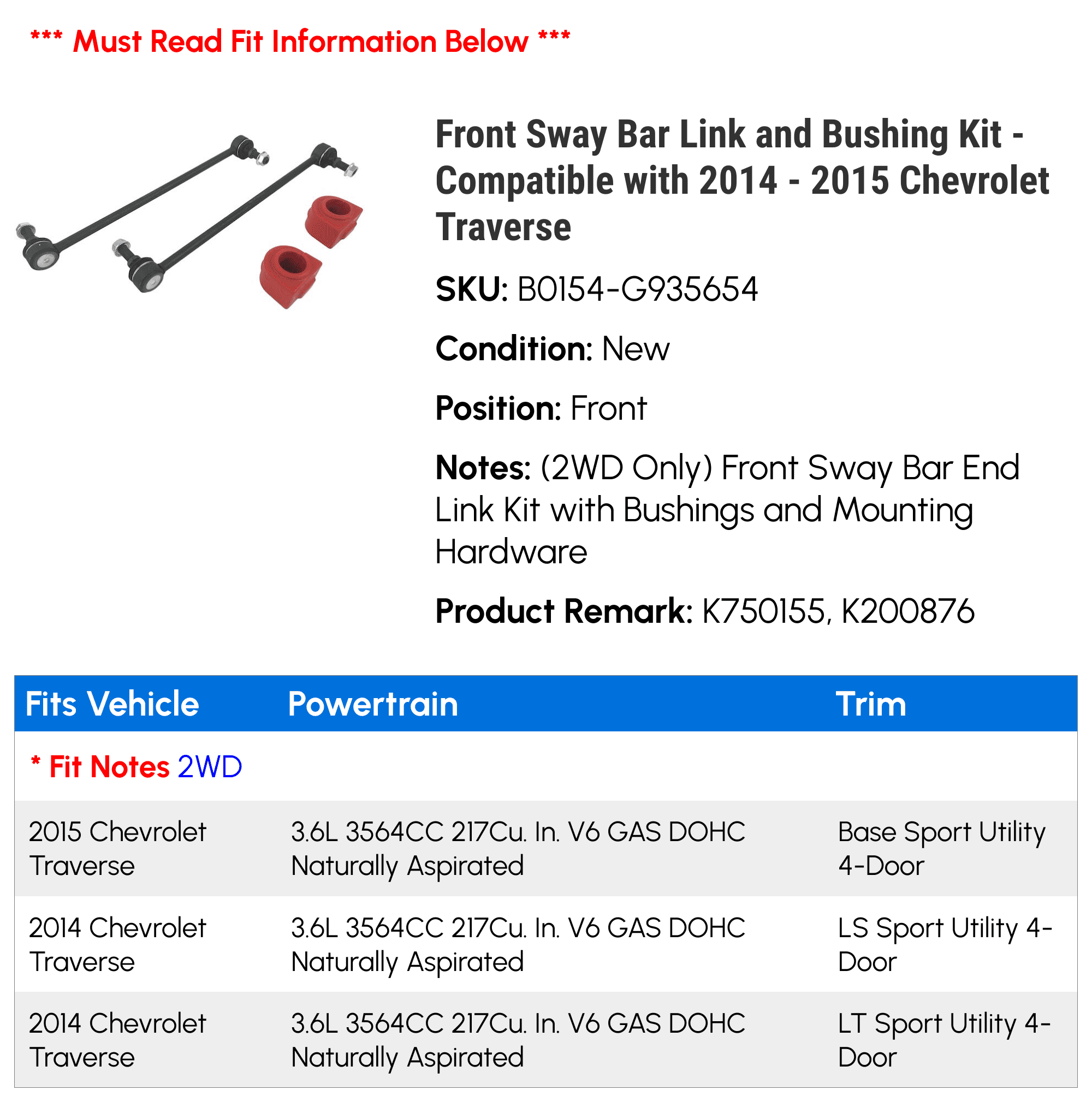 Front Sway Bar Link and Bushing Kit - Compatible with 2014 - 2015 Chevrolet Traverse - Replacement
