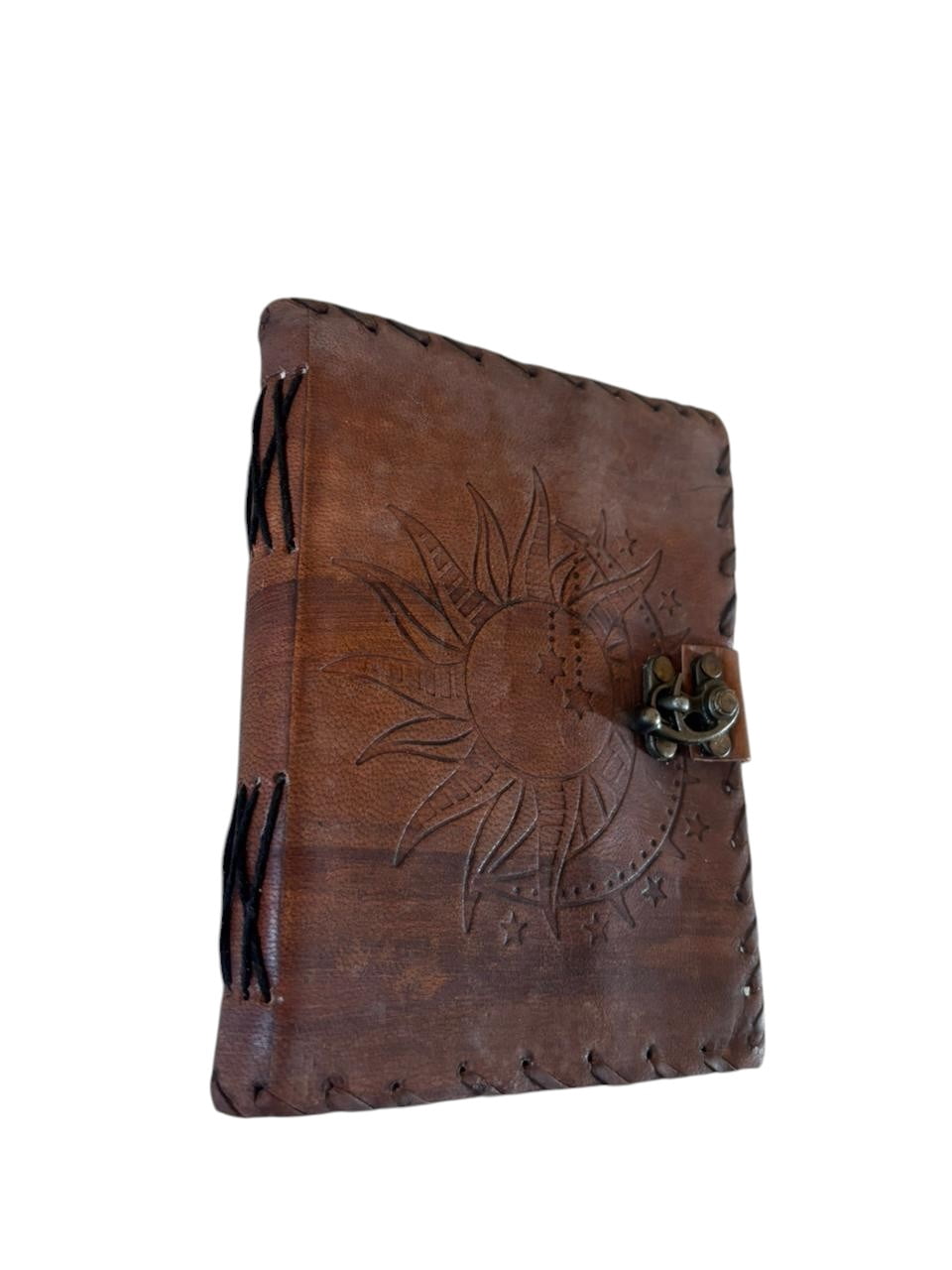 Handmade Leather Journal with Lock – Sun Embossed Design, White Drawing Paper Notebook, Vintage Antique Diary, Lightweight Sketchbook (5x7)