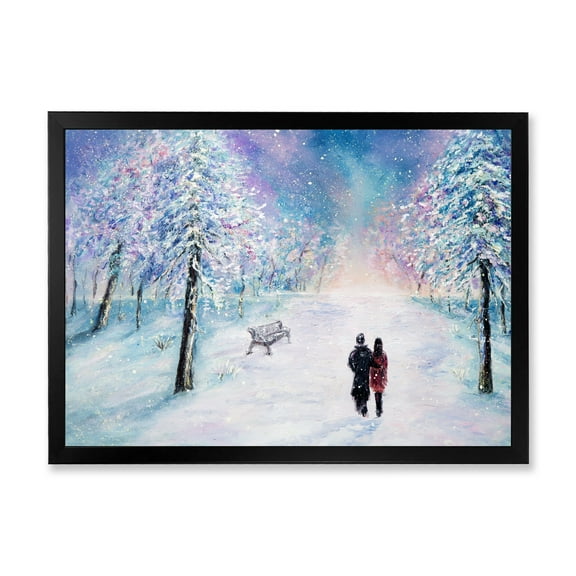Couple In Love Walks During Snowy Winter Times 40 in x 30 in Framed Painting Canvas Art Print, by Designart