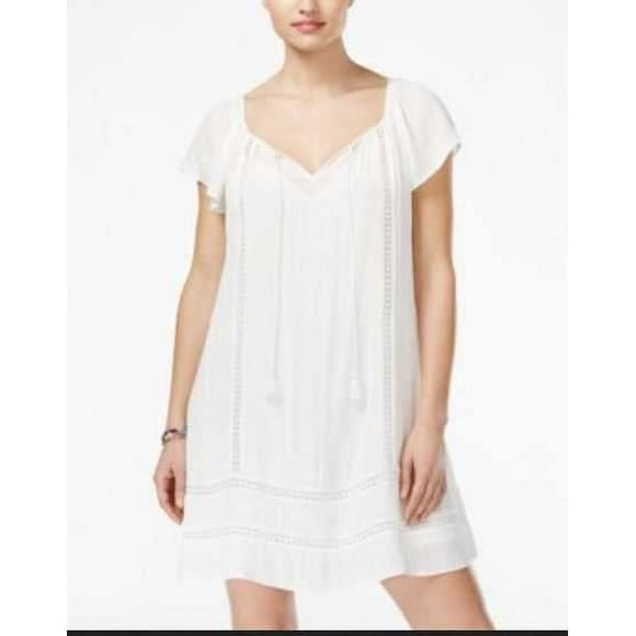 Fishbowl Juniors’ Tassel-Tie Crochet-Trim Shift Dress, White, Medium
