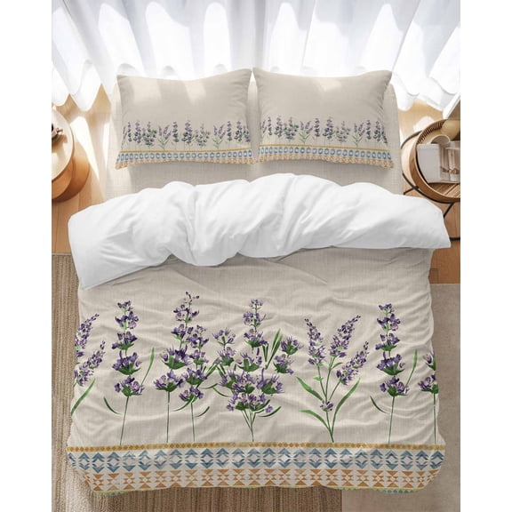 Lavender Flower Bedding Duvet Cover Set Twin Size 4 Pieces Purple Floral Boho Beige Style Bedding Set with Zipper Closure, 1 Comforter Cover 68x86 Inches 1 Flat Sheet & 2 Pillow Cases