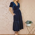 thumbnail image 4 of CharmCyan Women’s Velvet Midi Dress with Puff Short Sleeves V Neck Tiered Skirt and Relaxed Fit for Casual or Formal Wear Navy S, 4 of 5
