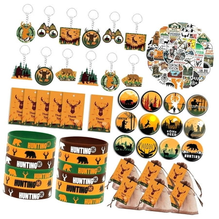 HYKE 110-Piece Hunting Birthday Party Kit, Camouflage-Themed with Hunting Stickers, Rubber Buttons, and Bags for a Hunting-Themed Celebration