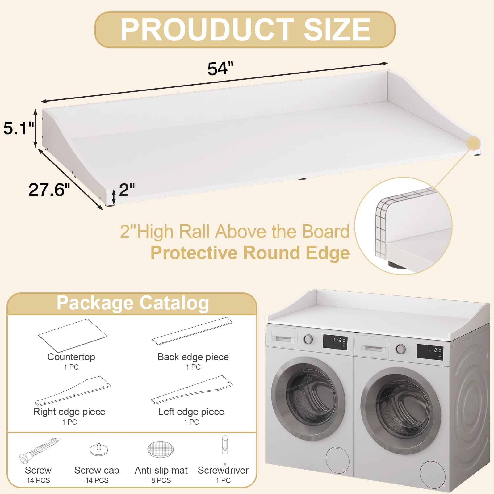 Tarnorci 54"Washer Dryer Countertop with Side Edge for Laundry Room Organization