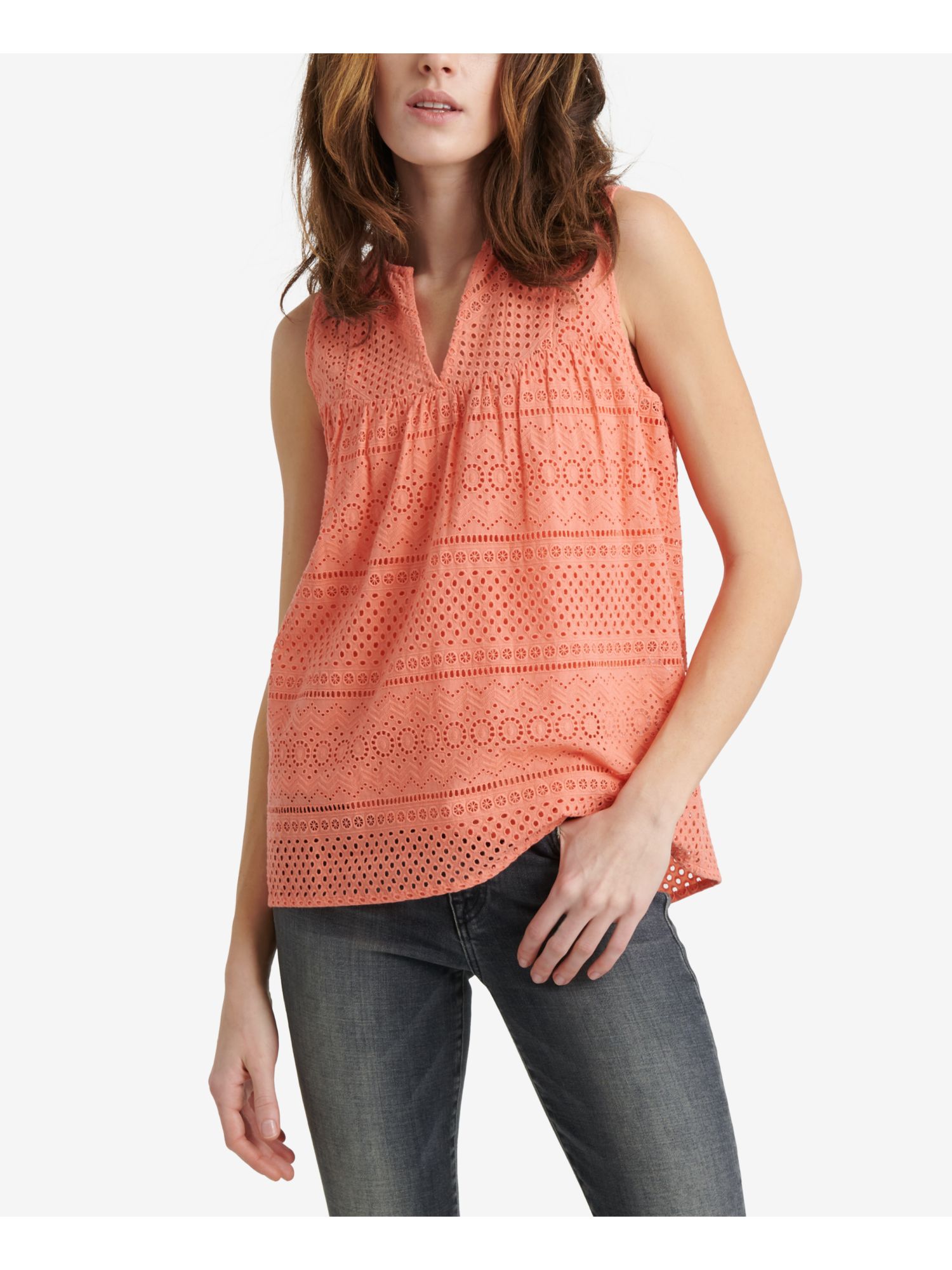 Coral Eyelet V Neck Sleeveless Blouse 