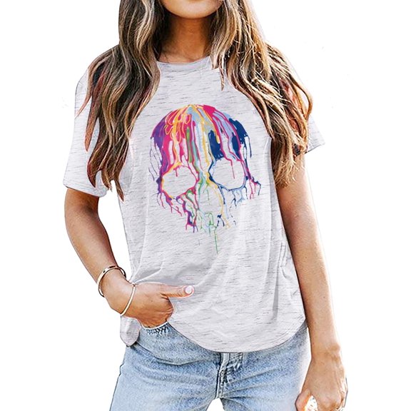 KimSoong Women Halloween Skeleton Graphic T-Shirts Crew Neck Short Sleeve Tees Tops