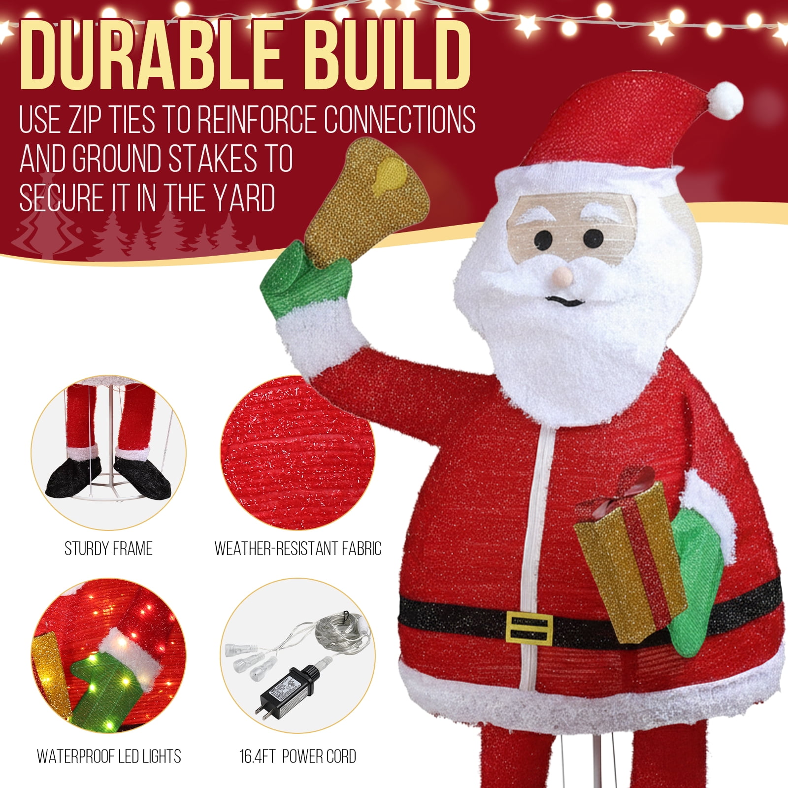 Astoutdoor Lighted Santa Claus Christmas Yard Decoration, Pre-Lit Pull-Up with 200 Warm White LEDs, 32.68 in x 7.09 in x 31.50 in, White