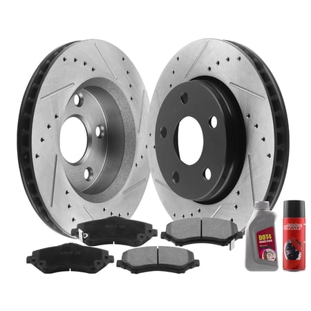 Afa Motors Brake Pads and Rotors E-Coated Slotted and Drilled Design fits for Jeep Wrangler Including Brake Kit and Ceramic Pads, Cleaner and Fluid-Front Fits select: 2007,2009 JEEP WRANGLER SAHARA