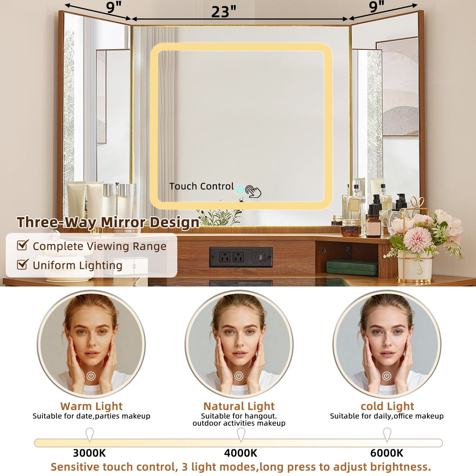 Modern Rattan Corner Vanity Desk, 46" Corner Makeup Vanity Desk with Smart Mirror and Lights, Oak Vanity Desk with Charging Station and 1 Drawer, Stool & Shelves for Bedroom, Tea Brown