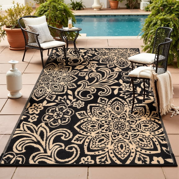 MJIAexp 5' x 8' Outdoor Rugs for Patio, Curved Geometric UV-Coated Waterproof RV Outdoor Rug, Reversible Plastic Straw Camping Rug Floor Mat for Backyard, Porch, Deck, Picnic, Beach Black-Gold