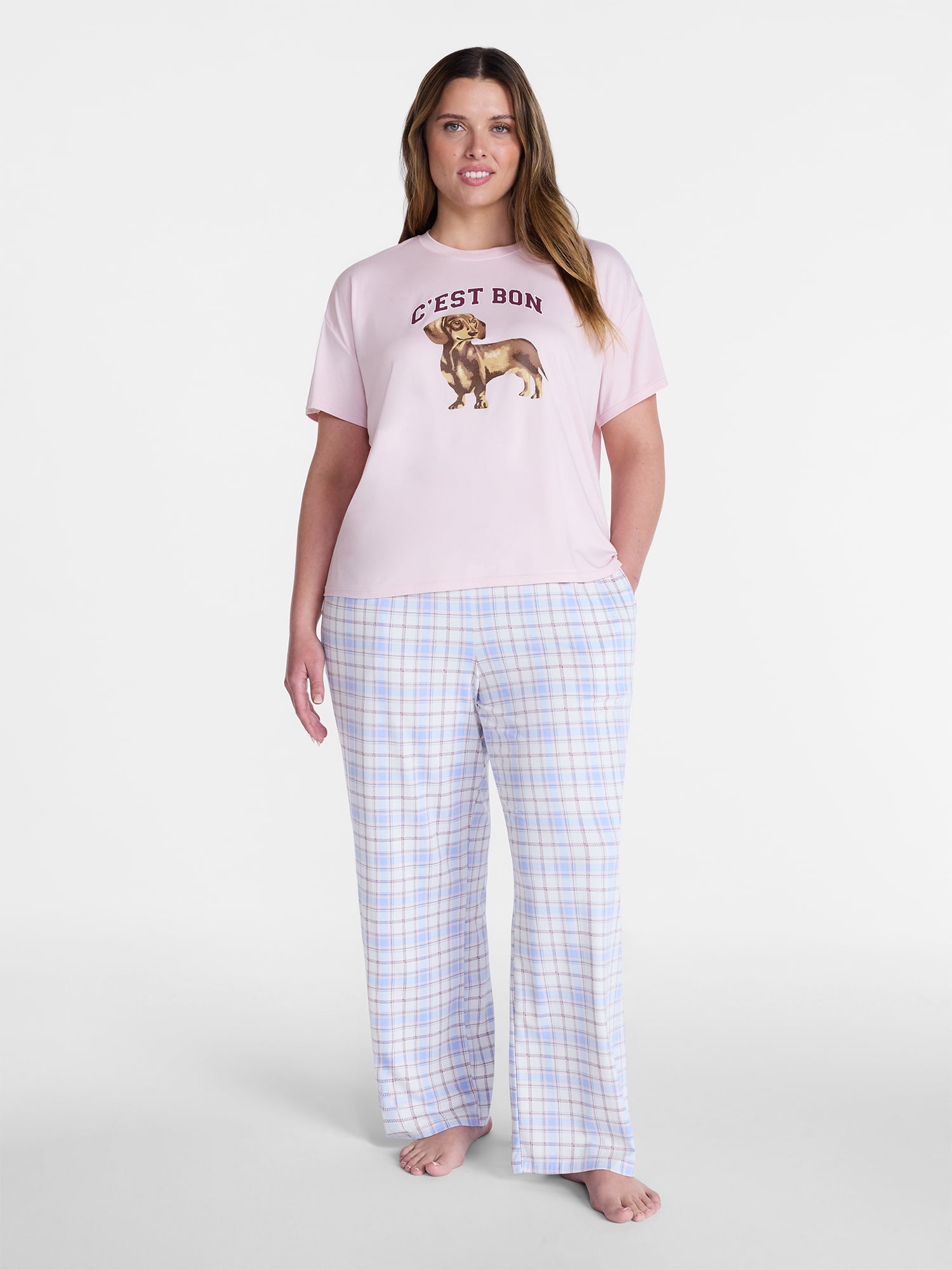 Joyspun Women's Dreamy Soft Collection Short Sleeve Sleep Top and Open Leg Pants Pajama Set, 2-Piece, Sizes XS-3X