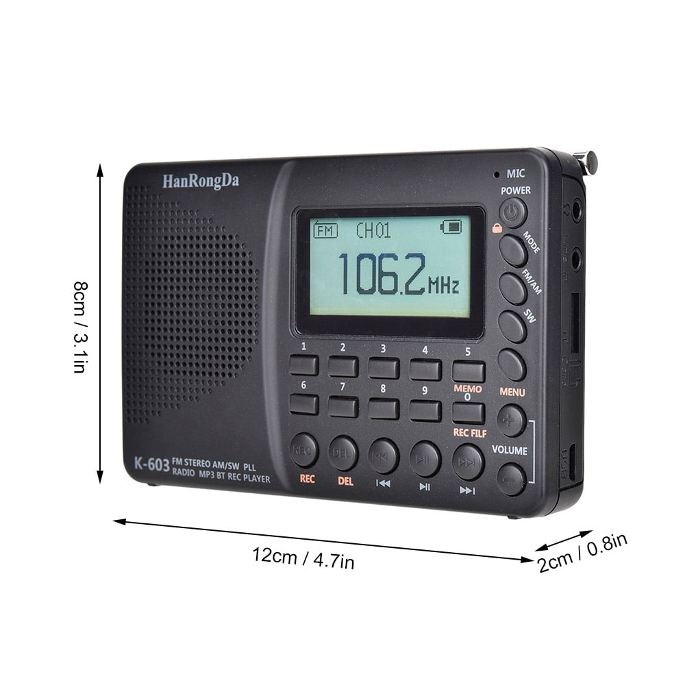 MUSICOZY Portable Digital Radio,LCD Display Radio with Speaker,AM/FM/SW/BT Pocket Radios,USB MP3 Digital Recorder,Support TF Card Bluetooth Speaker,Power-Off Memory Function Radio(Black)