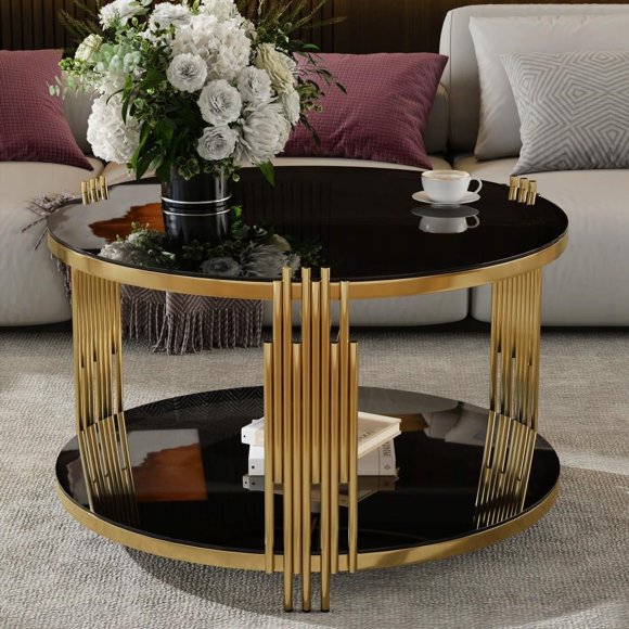 Circular Metal Drum Base Coffee Table having Black Mirror Top & Lower Shelf