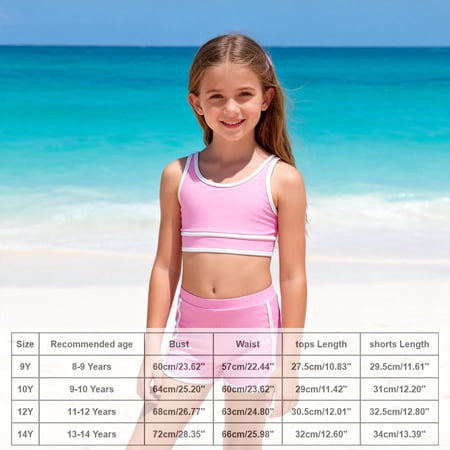 Girl s 3 Piece Bikini Swimwear with Shorts Sporty Pink Bathing Suit Girls 9-10 Years