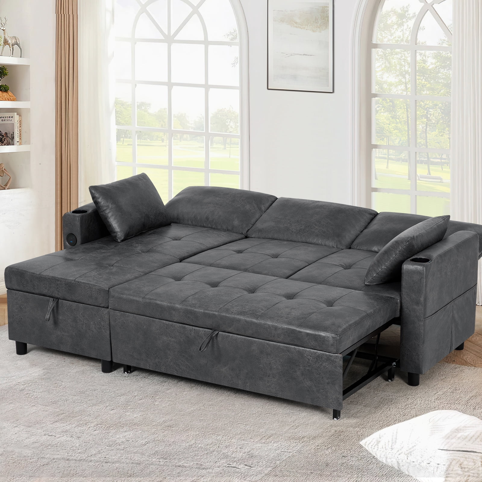 ACMEASE 84" Suede Leather Sectional Sofa w/Adjustable Backrests, Pull Out Sofa Bed w/USB Charger Port& Reversible Storage Chaise,Convertible L-Shaped Sofa with Cup Holders for Living Room, Gray