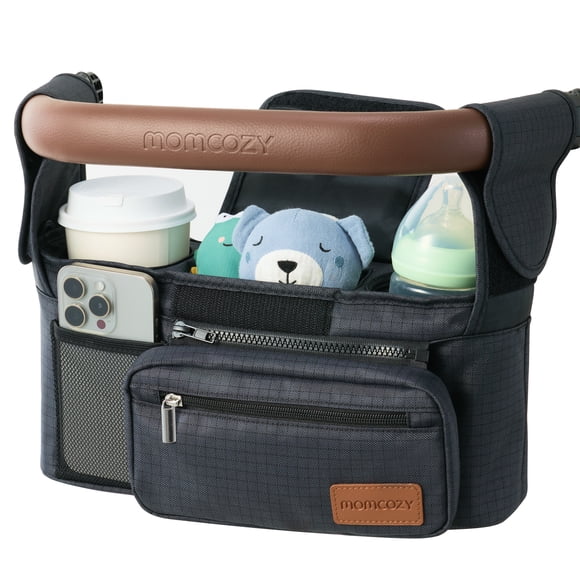 Organisateur universel pour poussette Momcozy pour bébés et jeunes enfants avec porte-gobelet isotherme, pochette pour téléphone amovible et bandoulière, à carreaux noirs