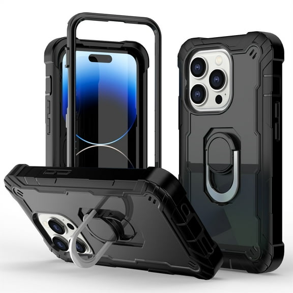SaniMore for iPhone 14 Pro Max 6.7" 2022 Case with Hidden Bracket Rugged Heavy Duty Protective [Hard PC Back + Silicone Bumper] Shokcproof Anti-drop Tri-layer Hybird Armor Shell, Black