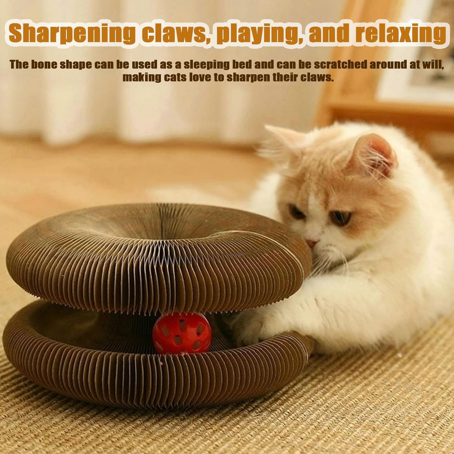 Twisty Paws Cat Toy, 2026 New Extra-Thick & Large Cat Scratching Board with Bell Ball, Accordion Cardboard Interactive Enrichment Toy for Indoor Cats & Kittens