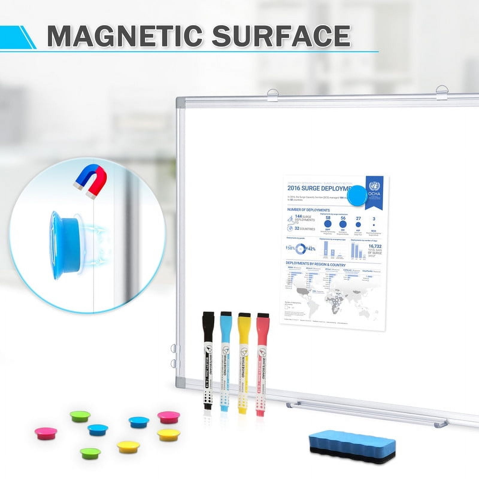 DOLLAR BOSS Magnetic Whiteboard Dry Erase Board 24“x18” Double-Sided Whiteboard for Wall Writing Board for Office Home School , Includes 1 Eraser & 4 Markers & 8 Magnets, Silver Aluminium Frame
