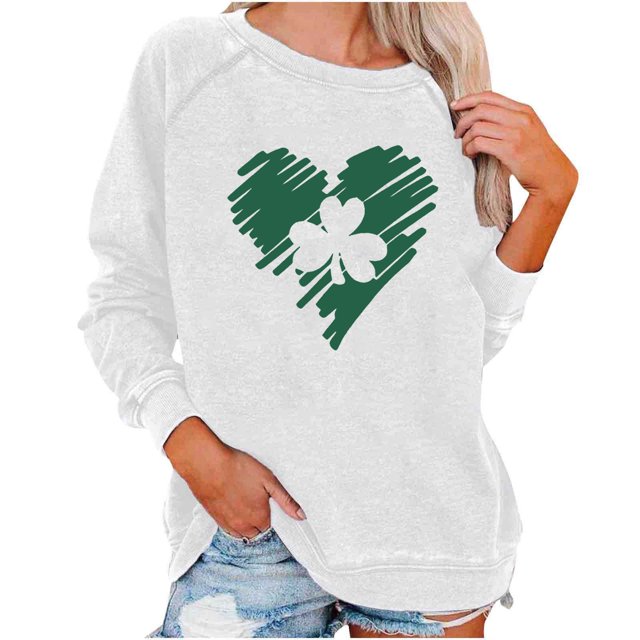 Besolor Chandails de la Saint-Patrick pour Femmes 2024 Imprimés Col Rond Manches Longues Hauts Décontractés Amples Chandail Blouse Tee