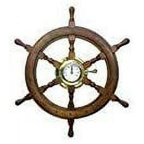 Nautical Elegance: 24" Wooden Ship Wheel Clock with Porthole Jhanjhat Mount - White Roman Dial.