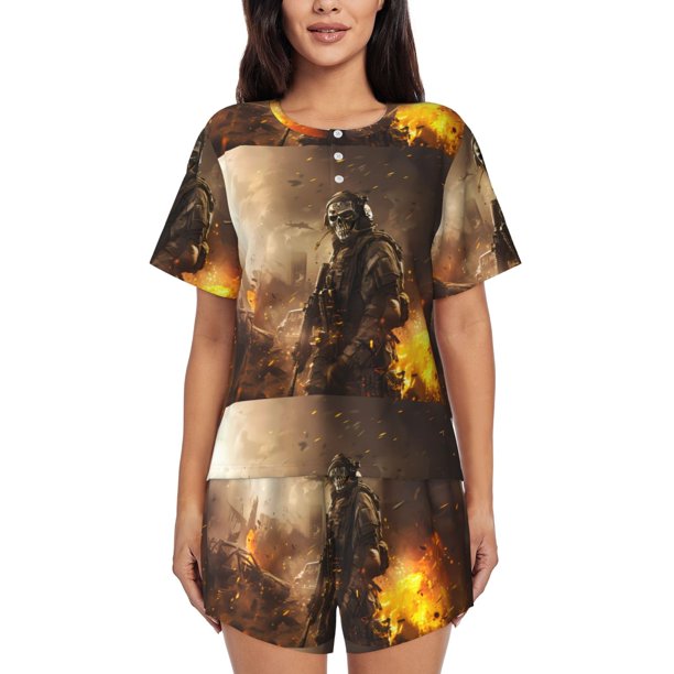 Balery Apocalyptic Skull Soldier Conjunto de Pijama para Mujer con Estampado, Dos Piezas de Manga Corta y Shorts, Ropa de Dormir Suave con Cuello Redondo y Bolsillos-3X-Large