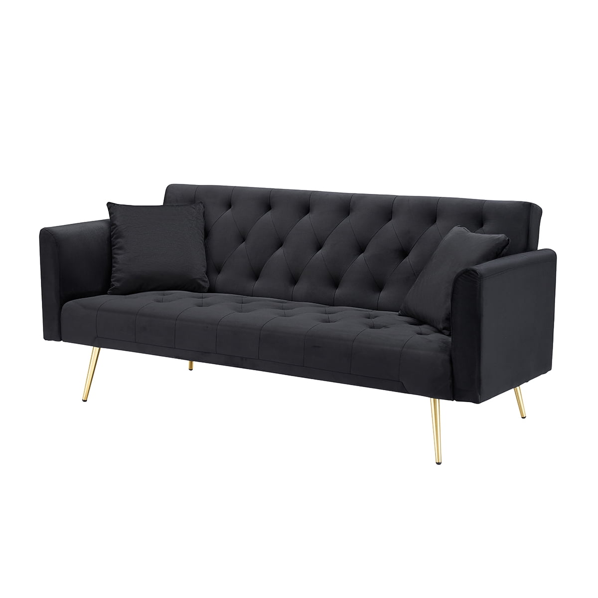 Leumius Velvet Futon Sofa Bed,Convertible Sleeper Couchwith Adjustable Backres & 2 Pillows for Small Spaces,Living Room,Black