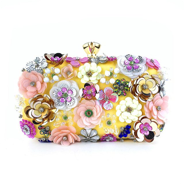 Yellow Bolso de mano de fiesta de noche floral colorido para mujer Bolso retro Bolso con cuentas